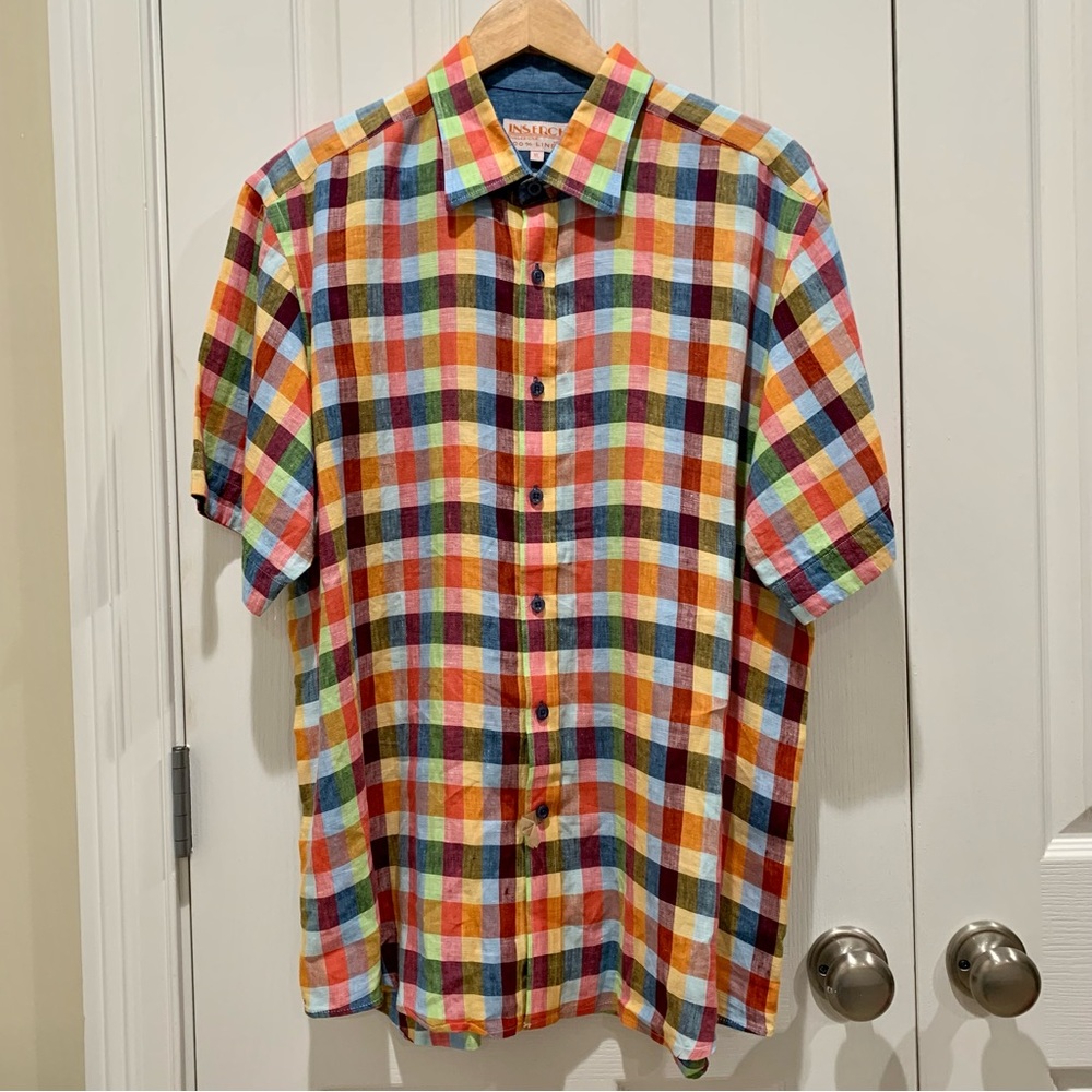 Inserch Collezione Linen Madras Plaid Men’s Button Down Shirt XL